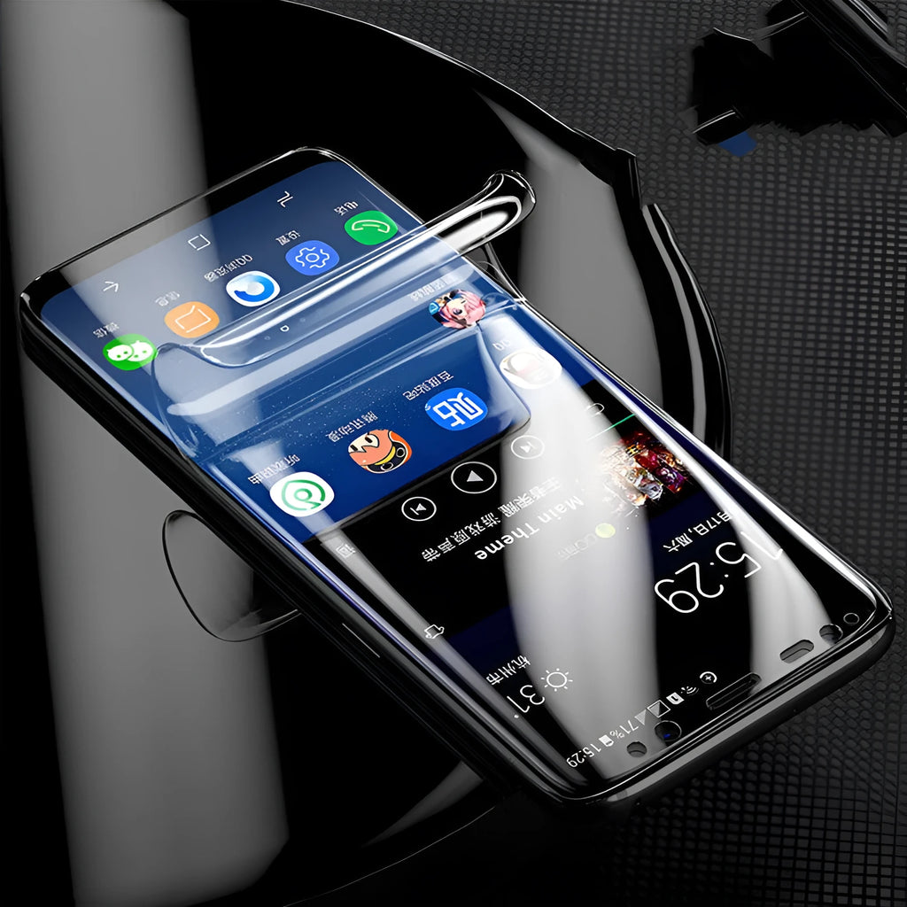 Hydrogel screen protector for curved Samsung Galaxy phones on a matte surface.