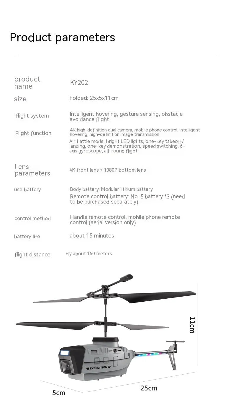 Grey Heifeng remote control UAV helicopter with obstacle avoidance sensors and coloured lights in flight.