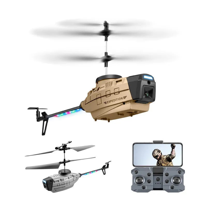 Grey Heifeng remote control UAV helicopter with obstacle avoidance sensors and coloured lights in flight.