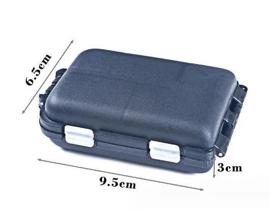 Plastic fishing tackle storage box with 10 compartments measuring 9.5 x 6.5 x 3 cm