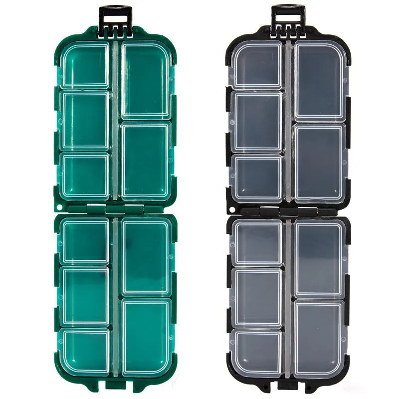 Plastic fishing tackle storage box with 10 compartments measuring 9.5 x 6.5 x 3 cm