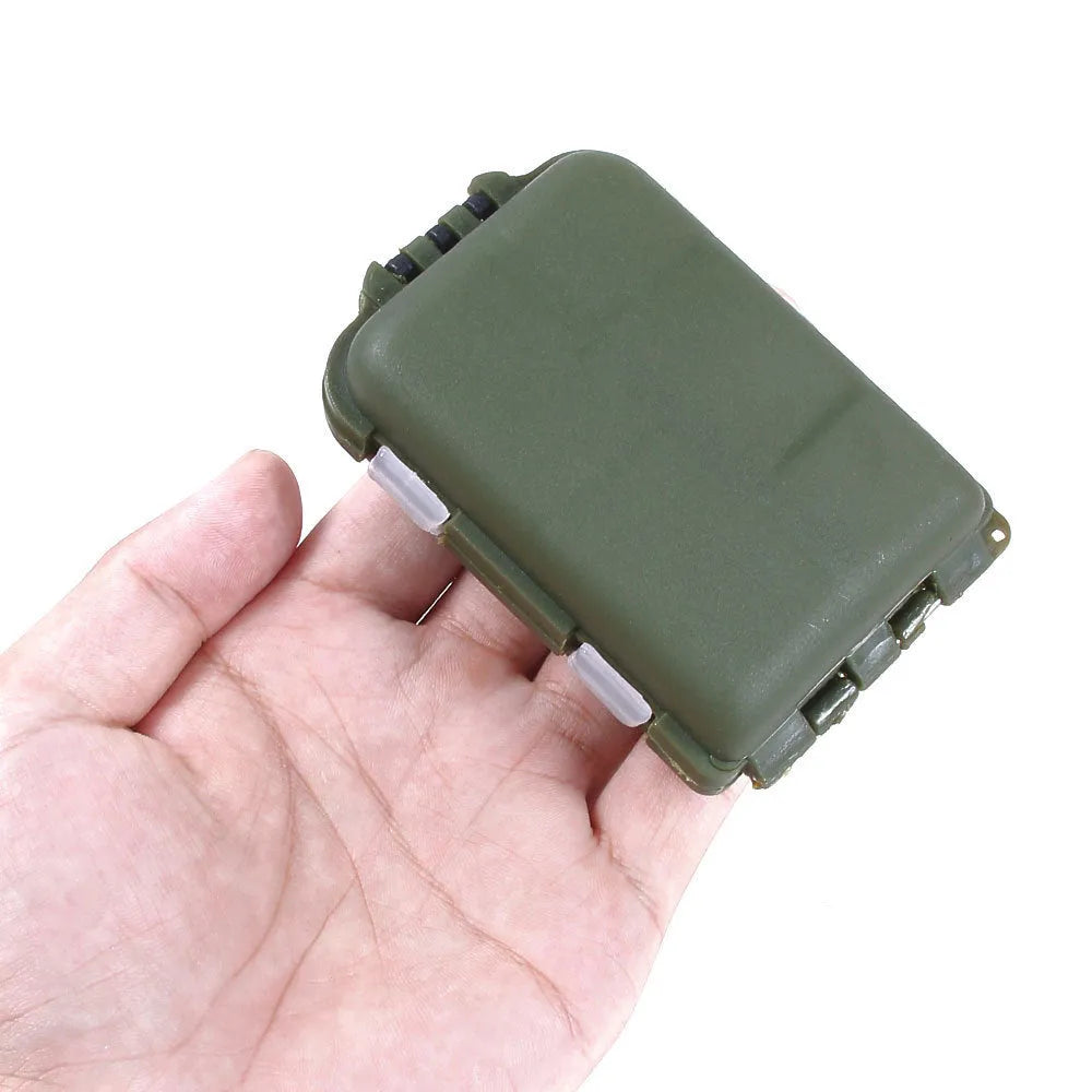 Plastic fishing tackle storage box with 10 compartments measuring 9.5 x 6.5 x 3 cm