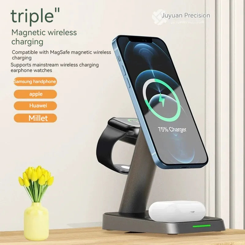 Black vertical wireless charger showing phone charging position and integrated watch charging area