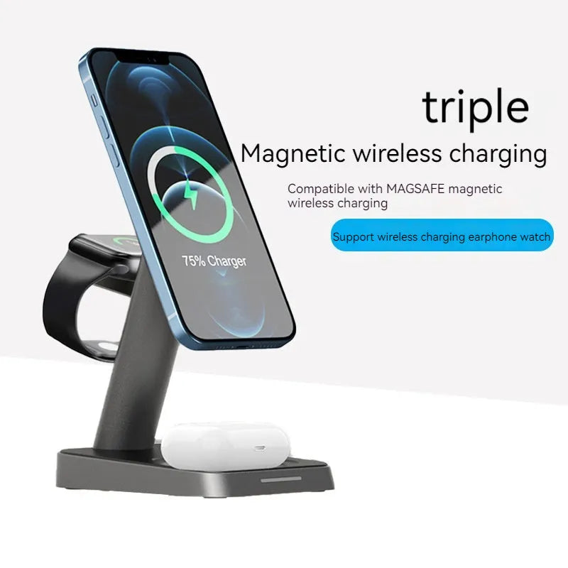 Black vertical wireless charger showing phone charging position and integrated watch charging area