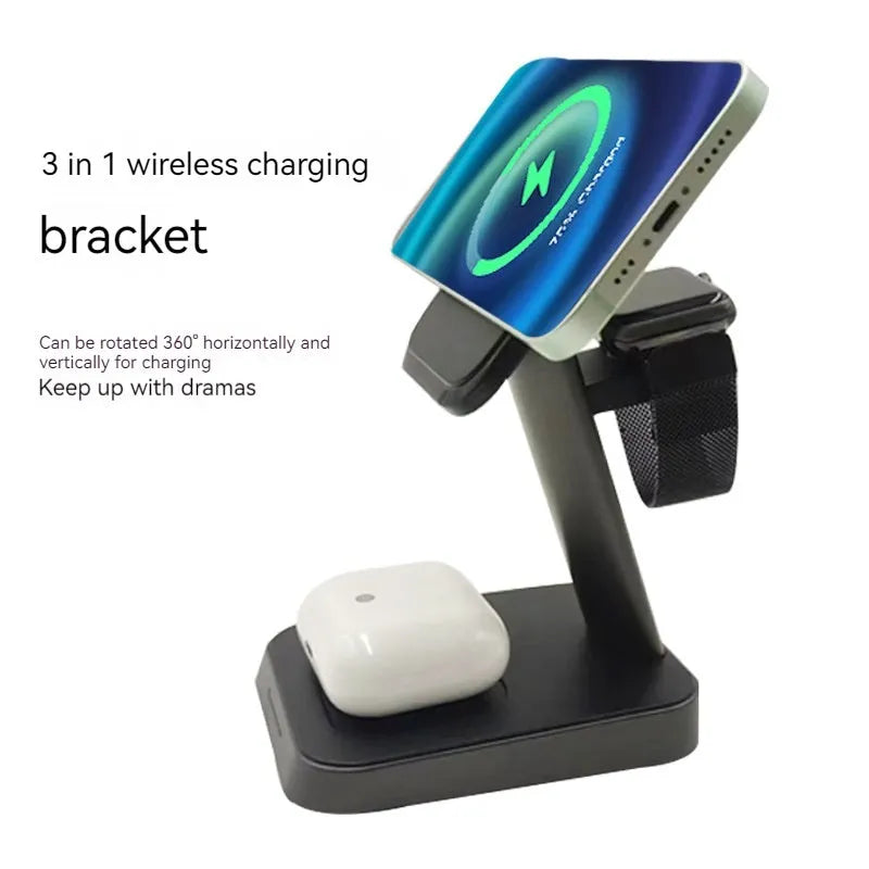 Black vertical wireless charger showing phone charging position and integrated watch charging area