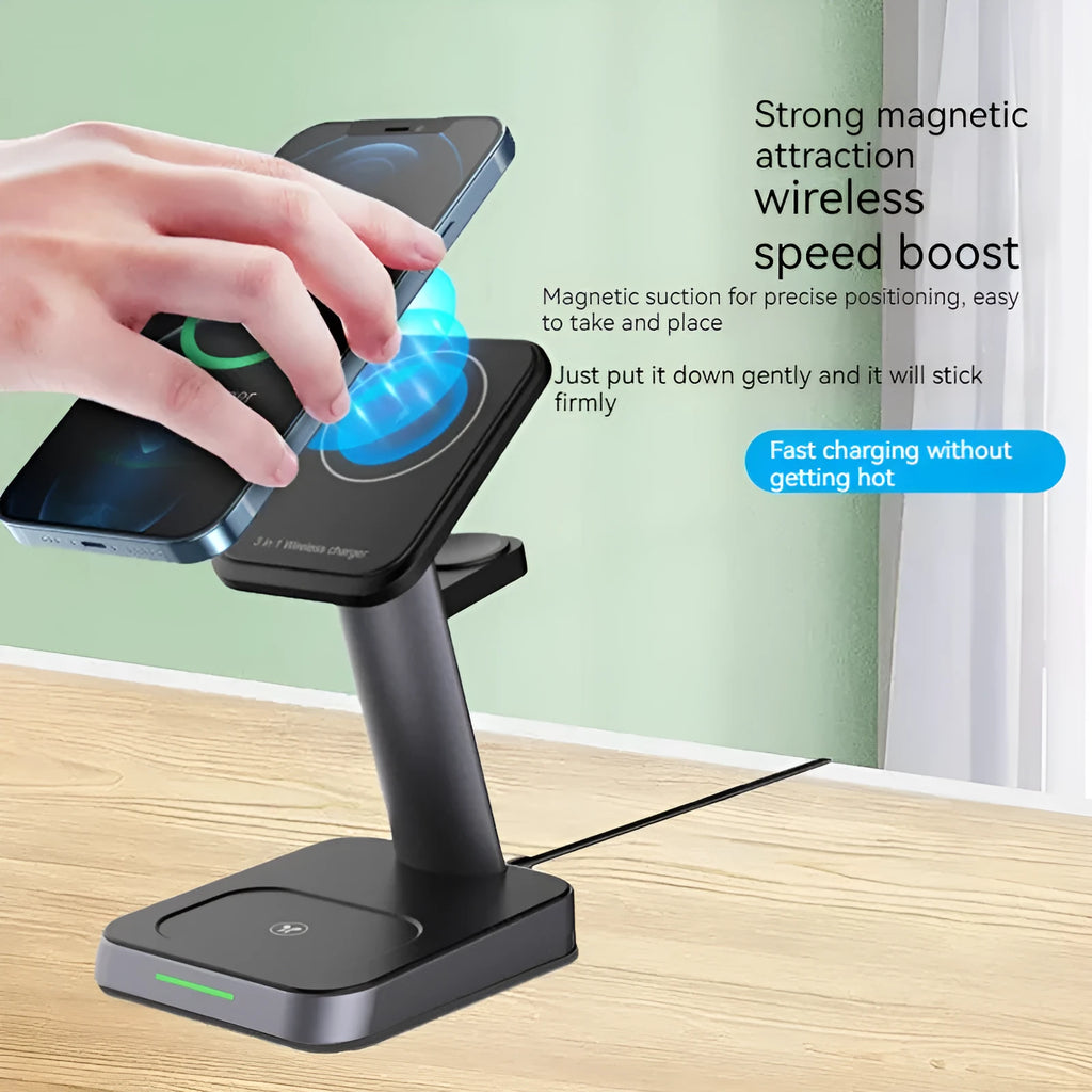 Black vertical wireless charger showing phone charging position and integrated watch charging area