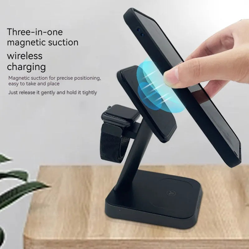 Black vertical wireless charger showing phone charging position and integrated watch charging area