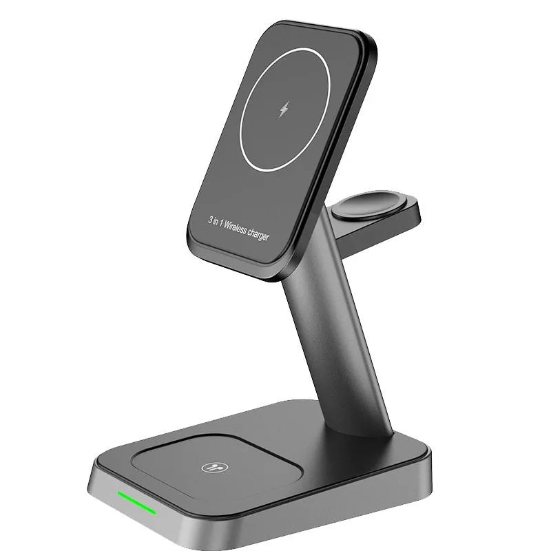 Black vertical wireless charger showing phone charging position and integrated watch charging area