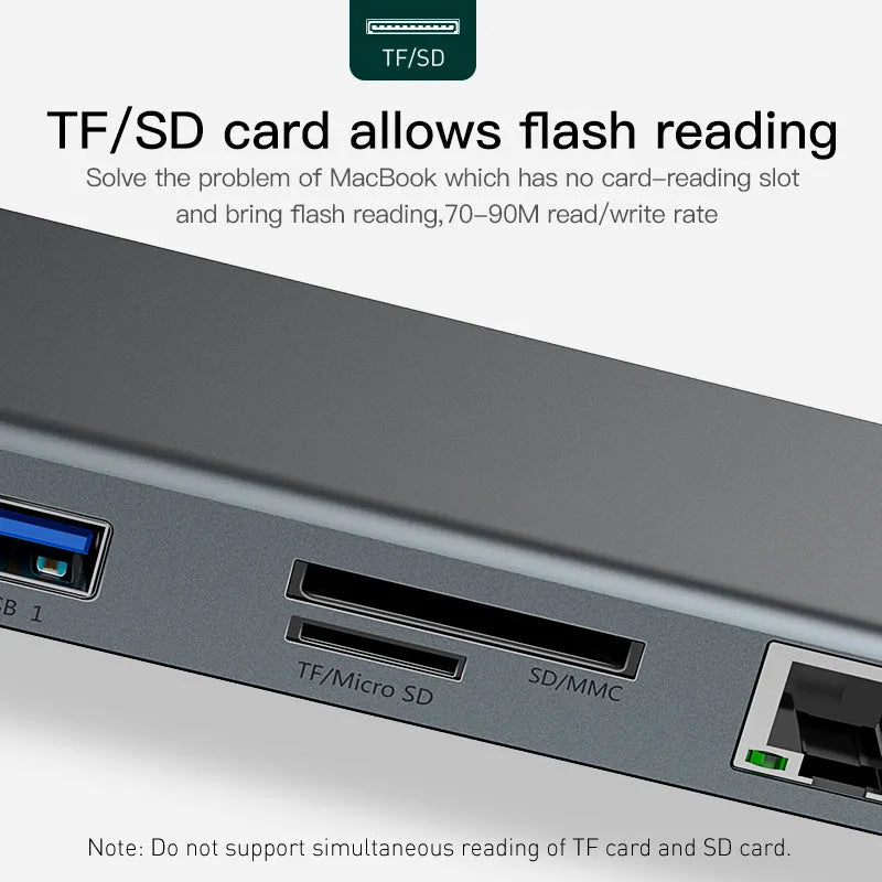 Grey aluminium ten-port USB C docking hub with cooling bracket, showing HDMI, VGA, Ethernet, and USB ports.
