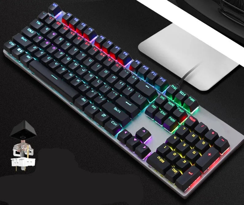 GK410 mechanical keyboard with USB cable showing metal construction and 104-key layout