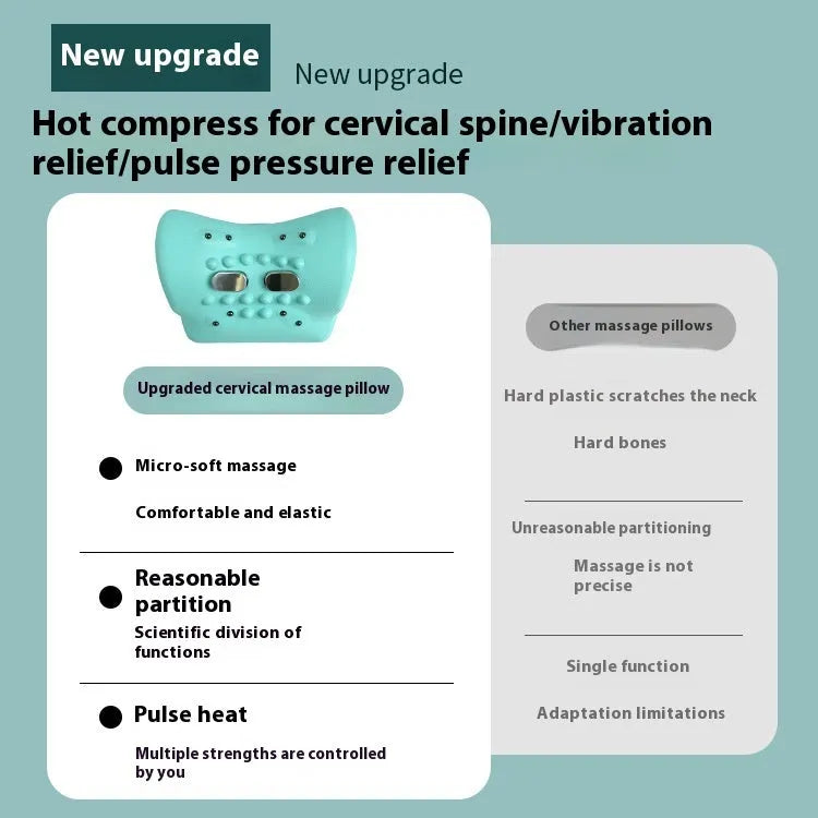 Blue-green cervical massage pillow with EMS pulse and hot compress functions