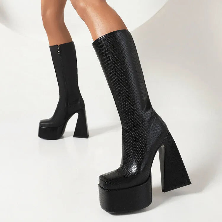 Women's black casual high boot with artificial PU upper, shown from the side.