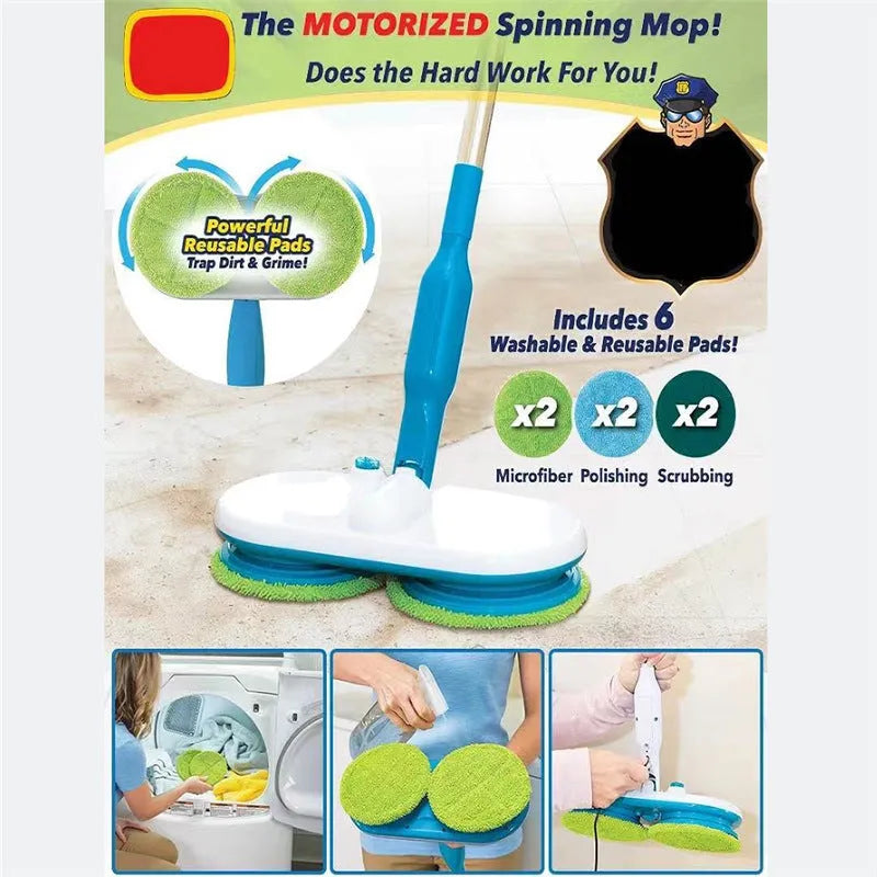 Handheld wireless electric floor mop with USB charging cable and set of washable microfiber, polishing, and scrubbing pads.