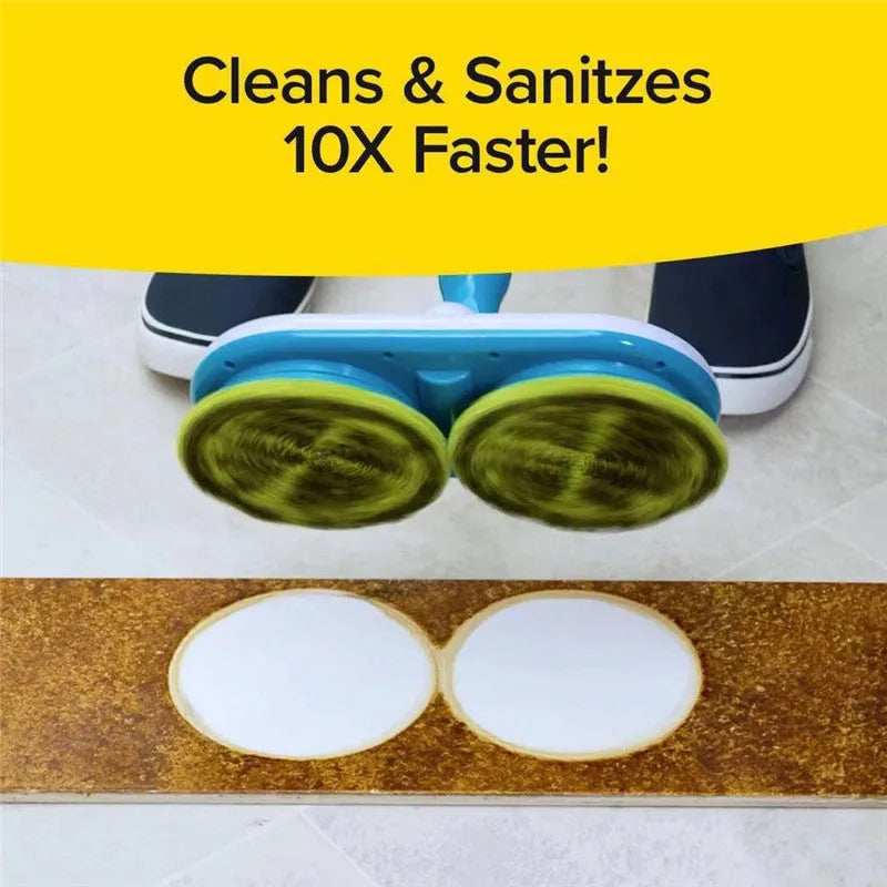 Handheld wireless electric floor mop with USB charging cable and set of washable microfiber, polishing, and scrubbing pads.