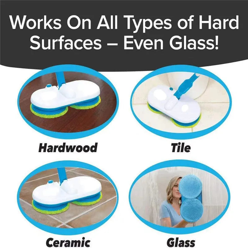 Handheld wireless electric floor mop with USB charging cable and set of washable microfiber, polishing, and scrubbing pads.