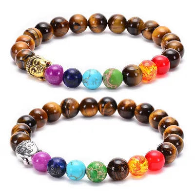 Seven chakra natural stone and tiger eye beaded bracelet with adjustable rope in gold or silver
