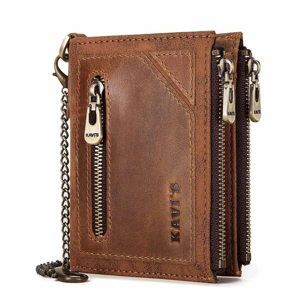 Dark brown men's leather wallet with RFID anti-theft protection and decorative chain