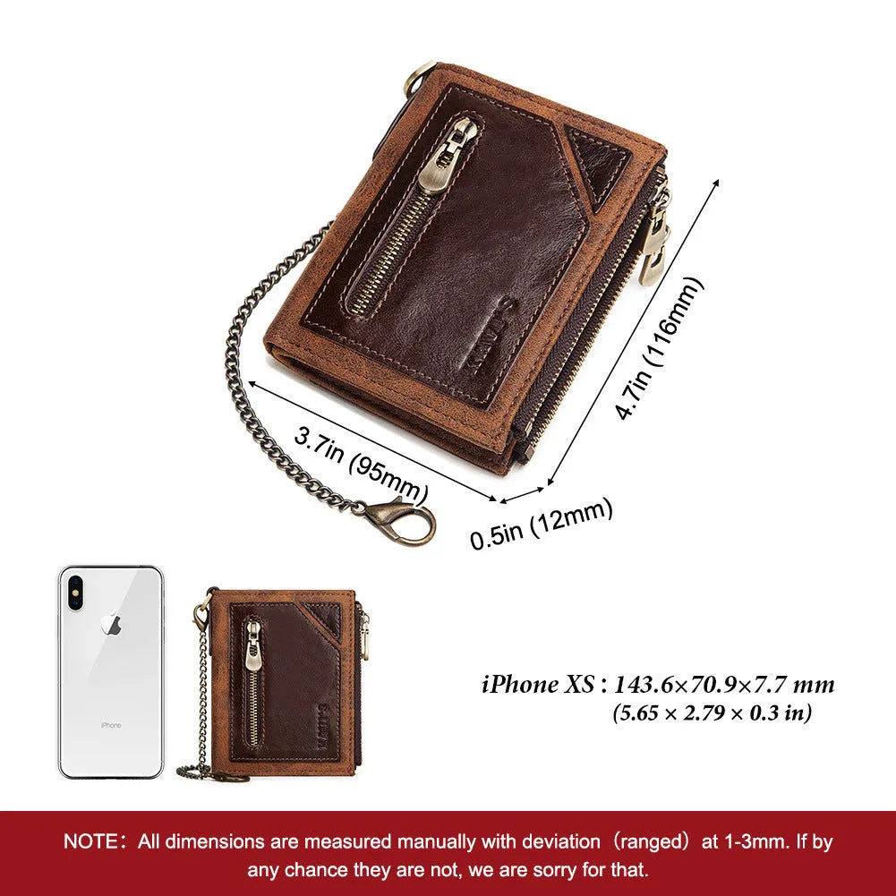 Dark brown men's leather wallet with RFID anti-theft protection and decorative chain