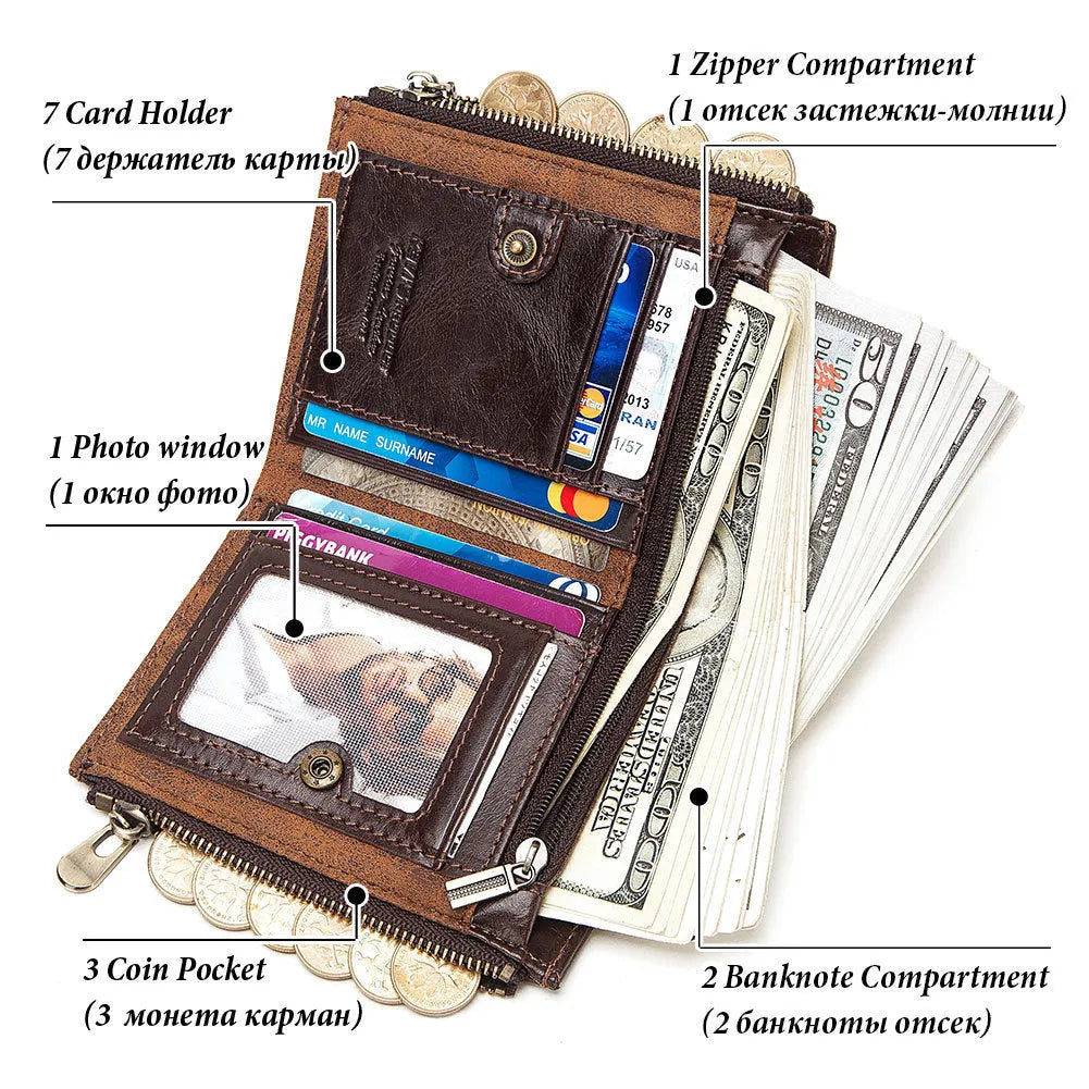 Dark brown men's leather wallet with RFID anti-theft protection and decorative chain