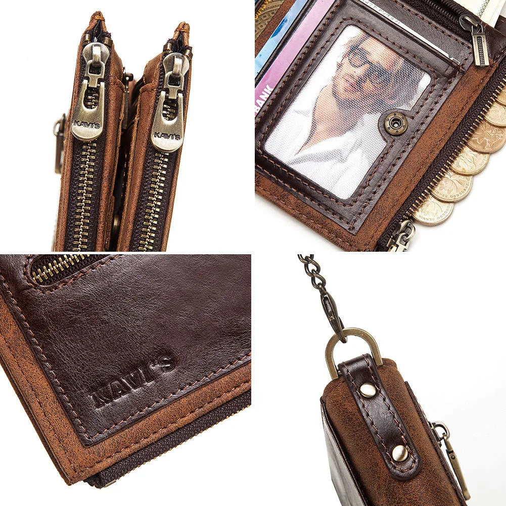 Dark brown men's leather wallet with RFID anti-theft protection and decorative chain