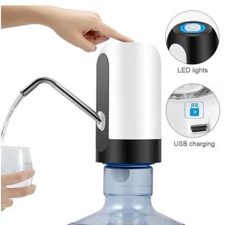 Automatic electric water bottle pump in black or white, USB rechargeable, for 4.5L to 18.9L bottles