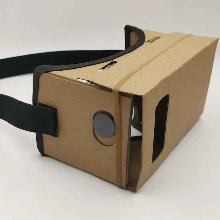 Pink and white VR Cardboard Glasses headset for 6-inch smartphones on a table.