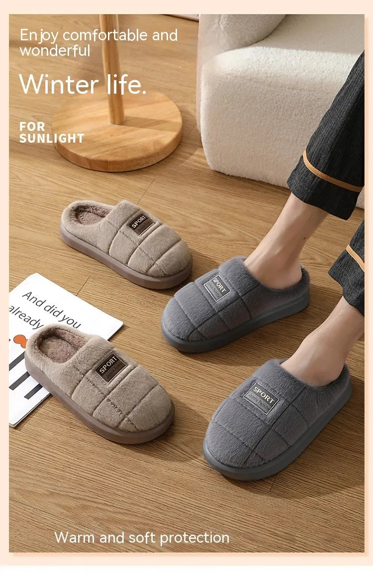 Men's grey and brown plaid winter slippers with rabbit hair upper and EVA sole