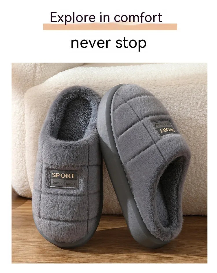 Men's grey and brown plaid winter slippers with rabbit hair upper and EVA sole