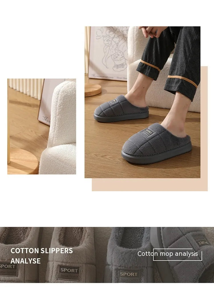 Men's grey and brown plaid winter slippers with rabbit hair upper and EVA sole