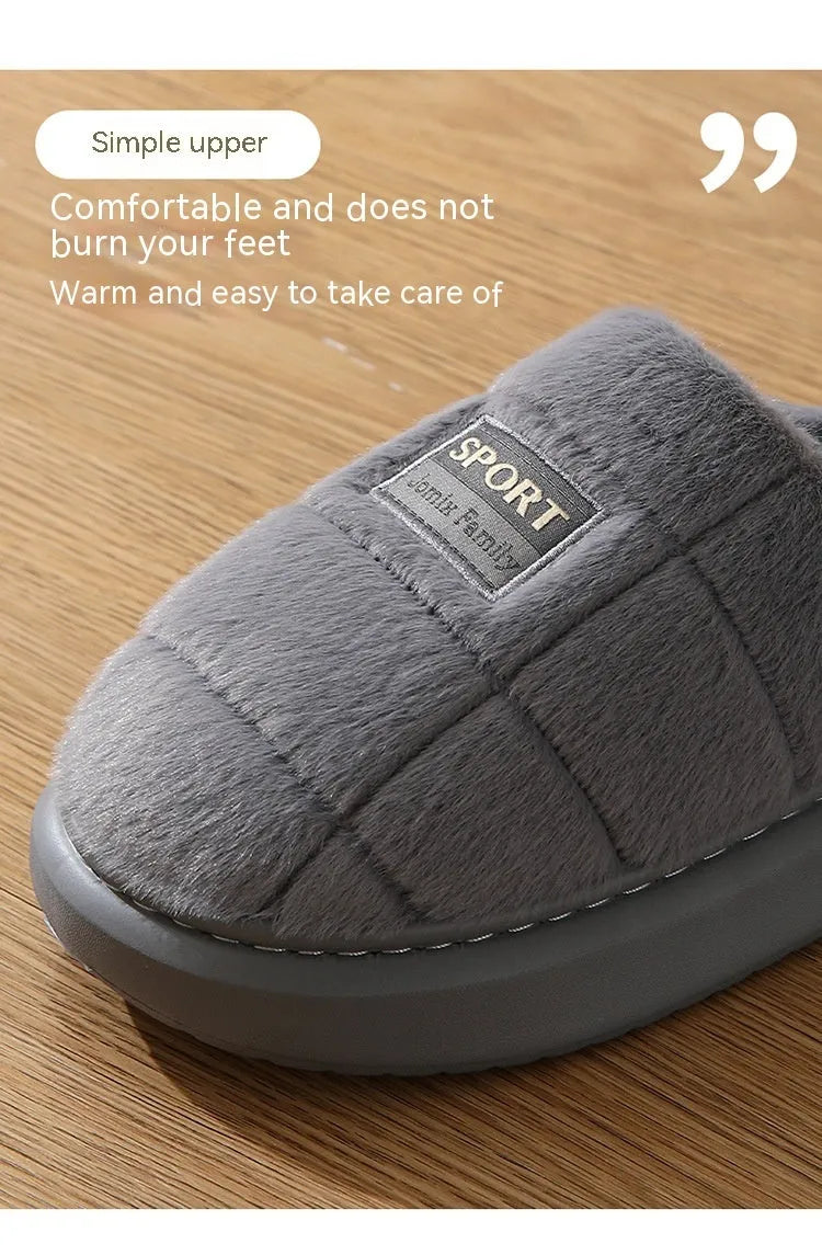 Men's grey and brown plaid winter slippers with rabbit hair upper and EVA sole
