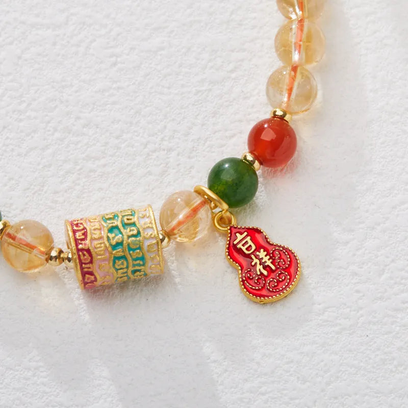 Hand-woven citrine crystal bracelet with five-sutra geometric pattern and 6mm beads