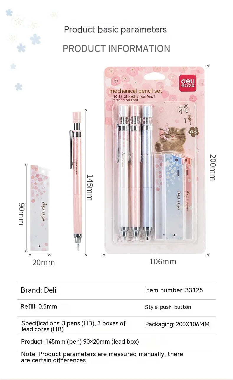 Mixed colour Sakura cartoon design automatic pencil set with three pencils and HB refill boxes