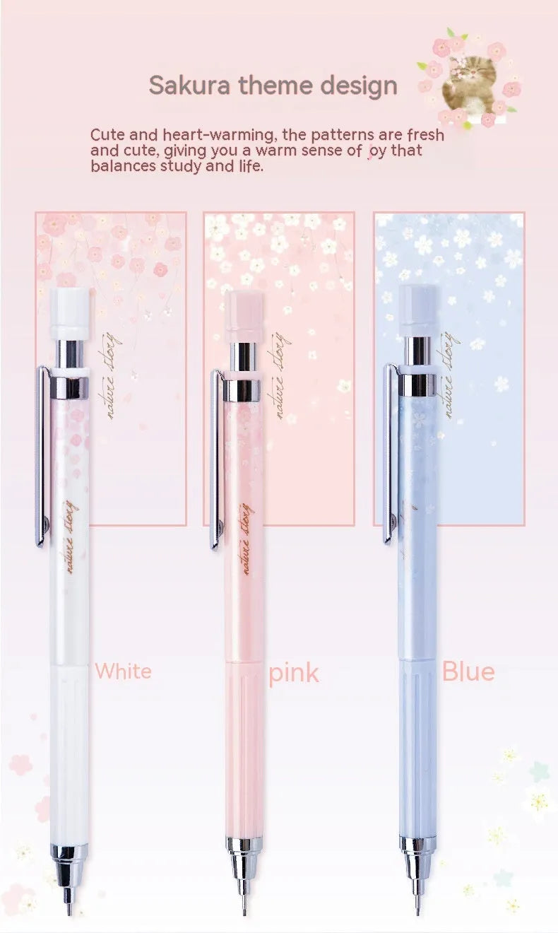 Mixed colour Sakura cartoon design automatic pencil set with three pencils and HB refill boxes