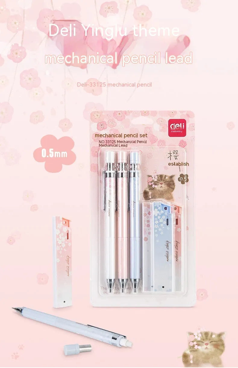 Mixed colour Sakura cartoon design automatic pencil set with three pencils and HB refill boxes