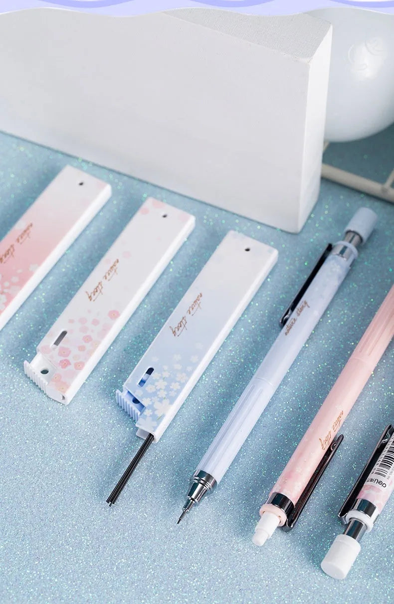 Mixed colour Sakura cartoon design automatic pencil set with three pencils and HB refill boxes