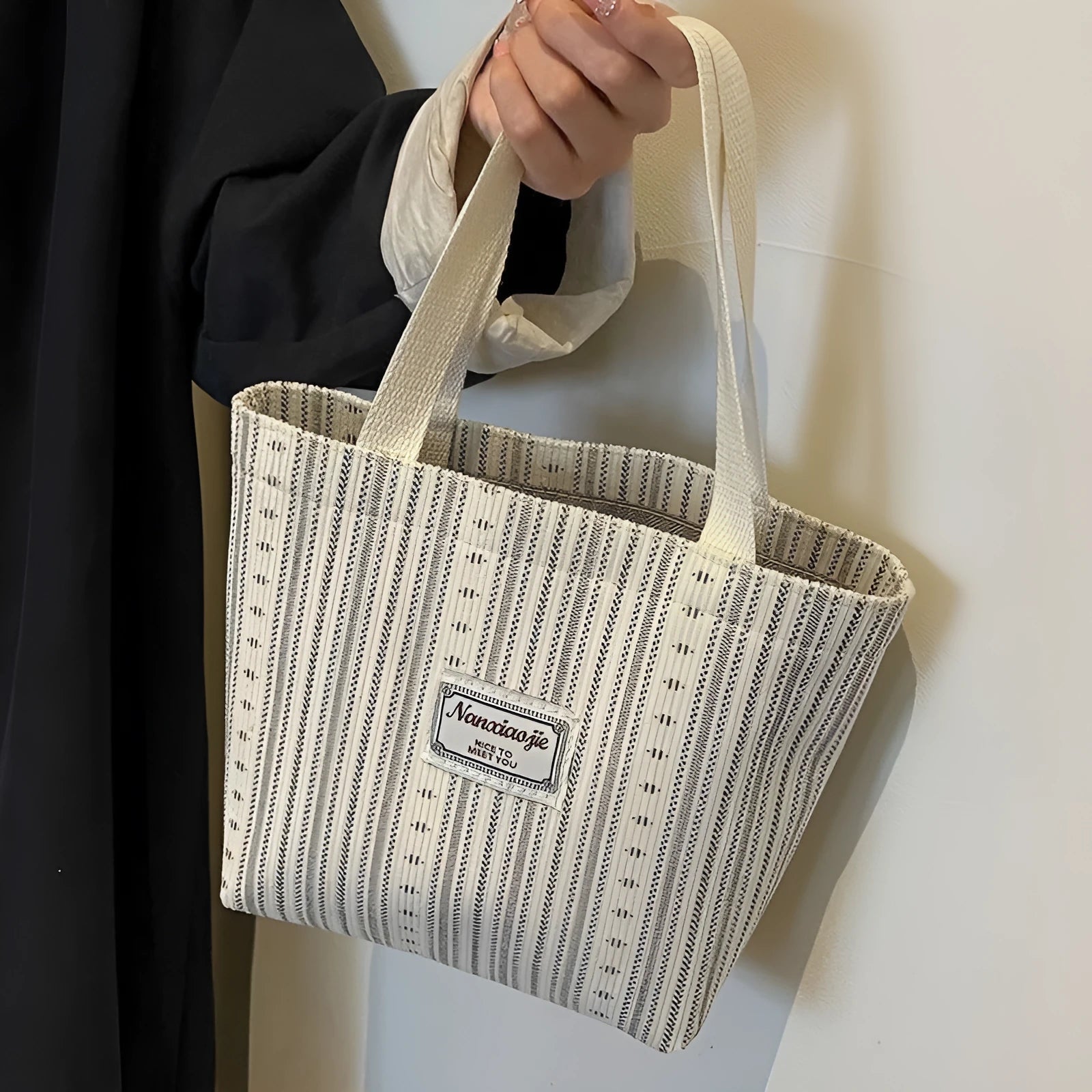 Japanese style corduroy shoulder tote handbag in dark brown colour showing textured fabric and large capacity design