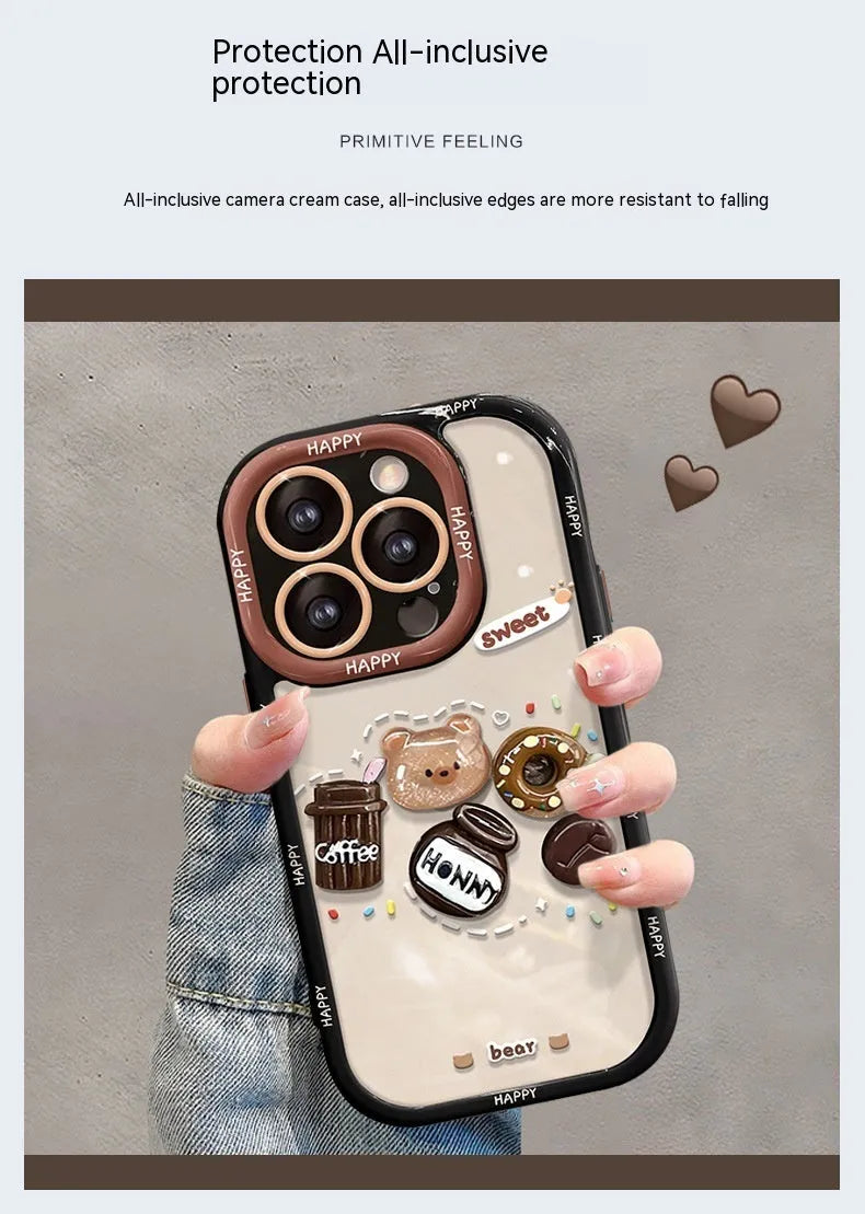 Coffee bear 3D doll pendant silicone phone case in cream black for Apple iPhone