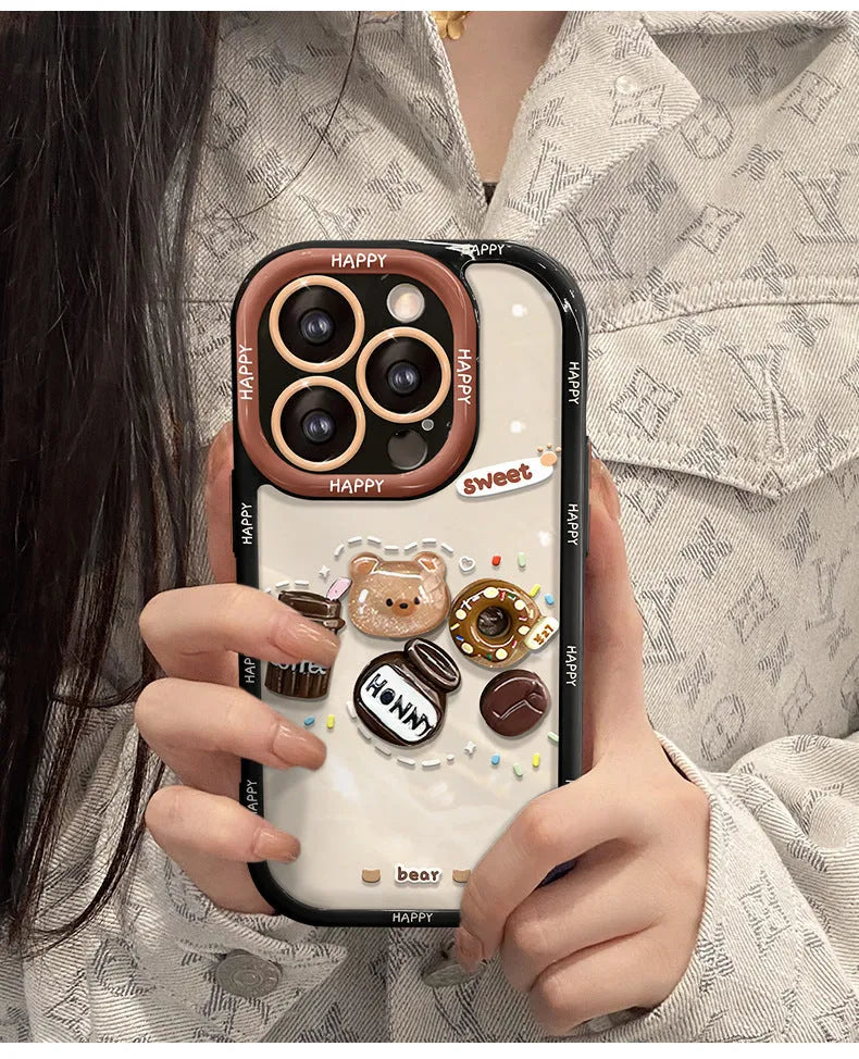 Coffee bear 3D doll pendant silicone phone case in cream black for Apple iPhone