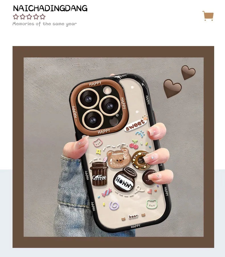 Coffee bear 3D doll pendant silicone phone case in cream black for Apple iPhone