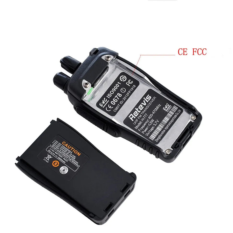H777 black civil walkie talkie with Li-ion battery and antenna on plain background