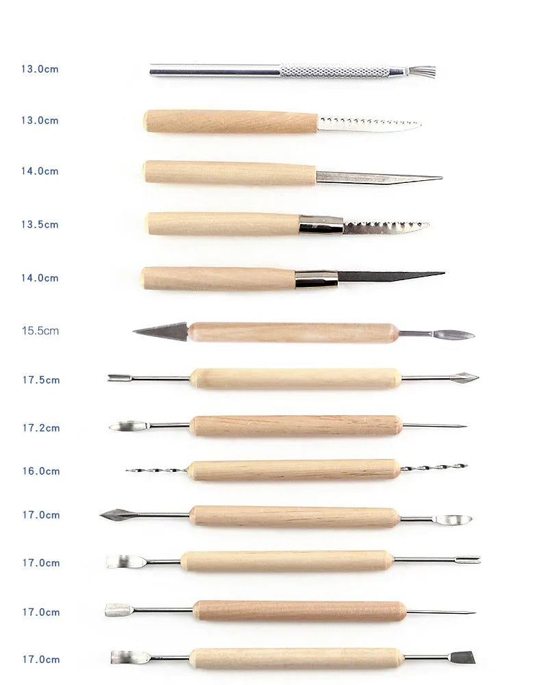 27-piece pottery clay tool set with wooden, stainless steel, and plastic tools in OPP storage bag