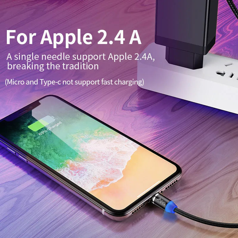 Black magnetic USB cable with detachable Android, Apple iPhone, and Type-C magnetic heads on a table.