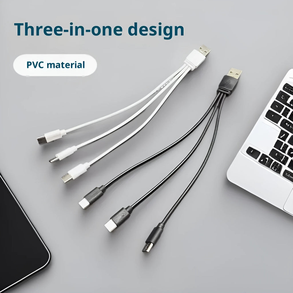 USB to three Type-C charging cable, 3-in-1 PVC data line, black or white, 12cm to 1m lengths
