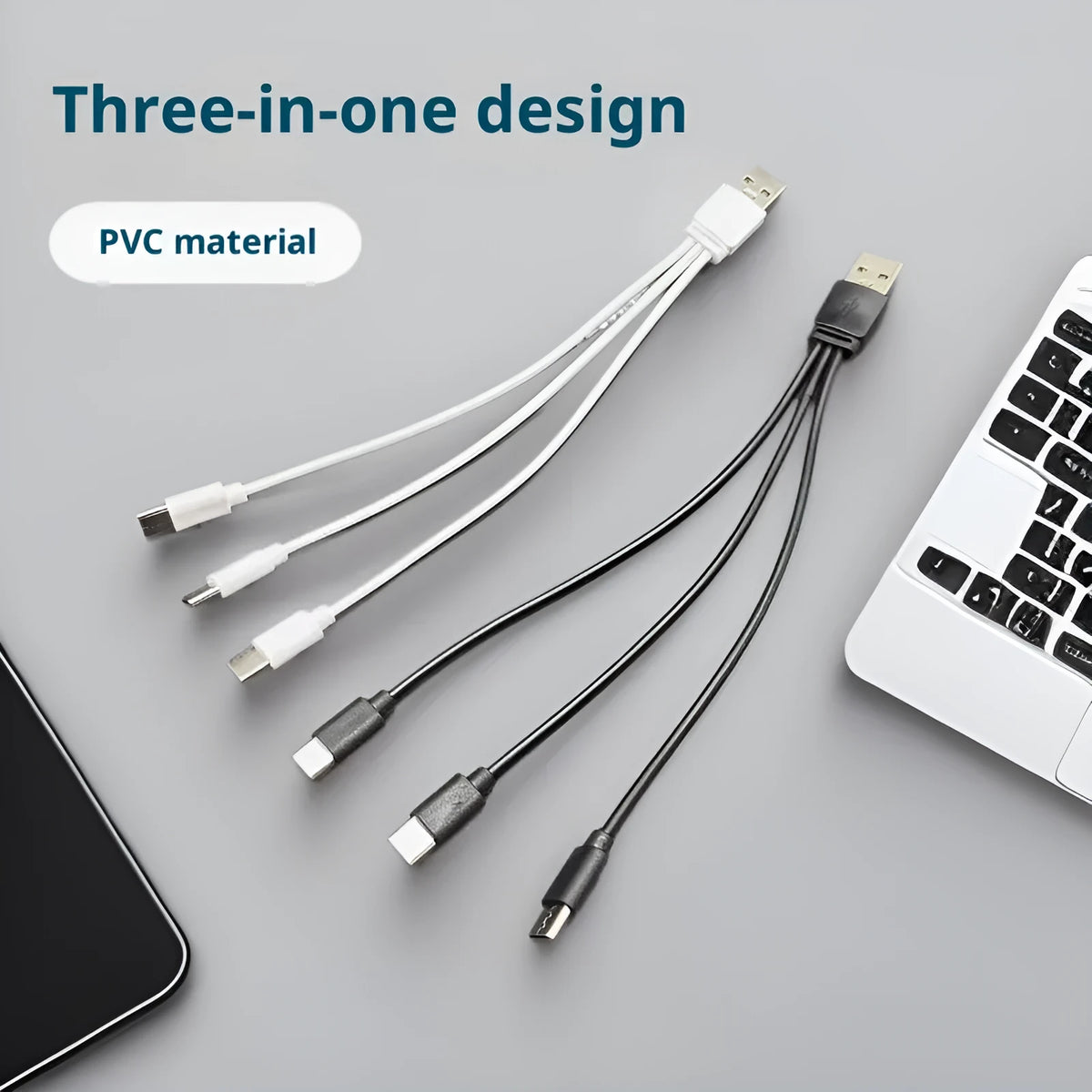 USB to three Type-C charging cable, 3-in-1 PVC data line, black or white, 12cm to 1m lengths