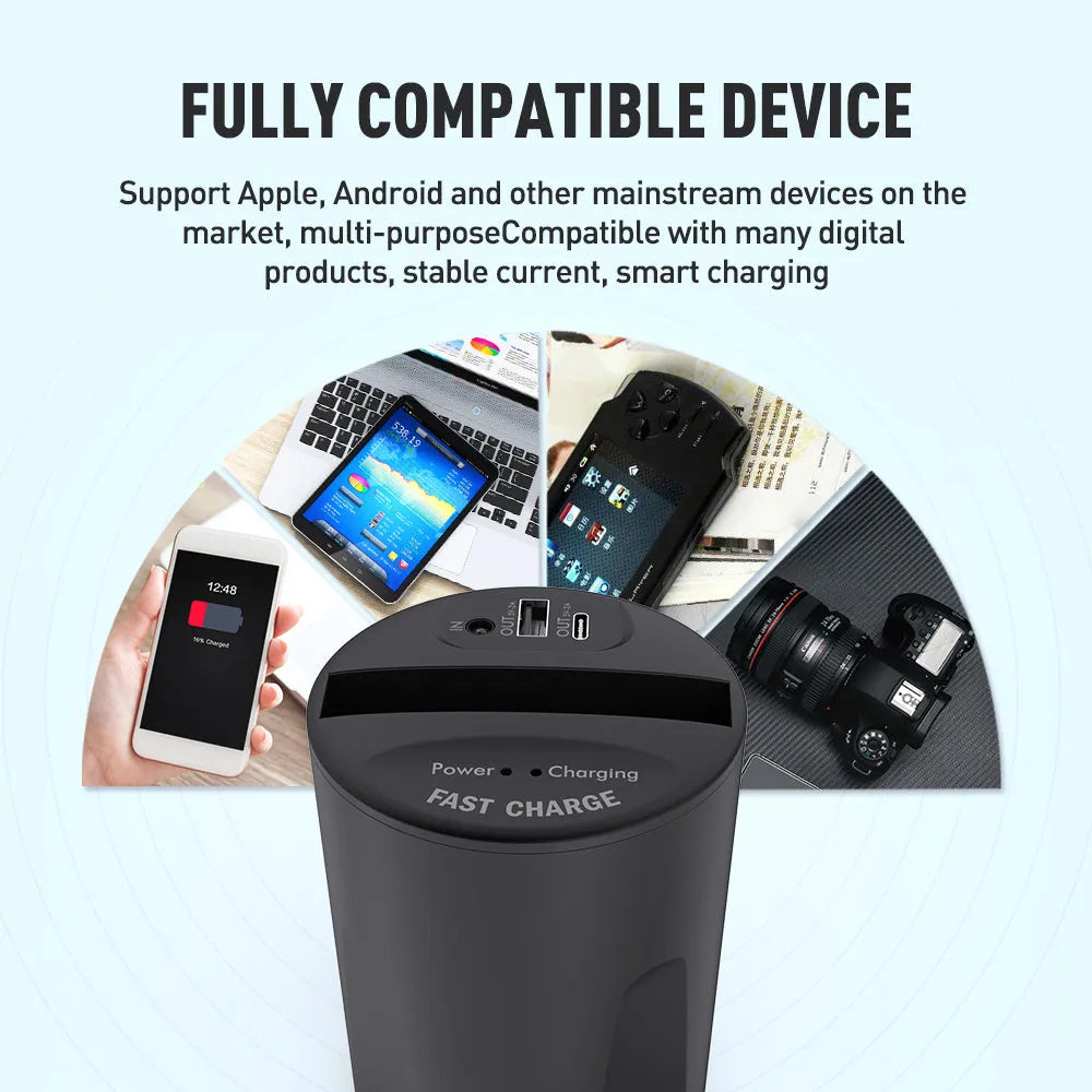 Black X9 car wireless charging cup holder mount with QI charging surface and USB/Type-C ports