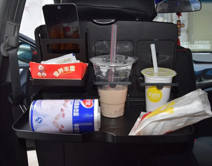 Car back seat folding table in black PP plastic with large tray for drinks and snacks, size 340x200x30mm