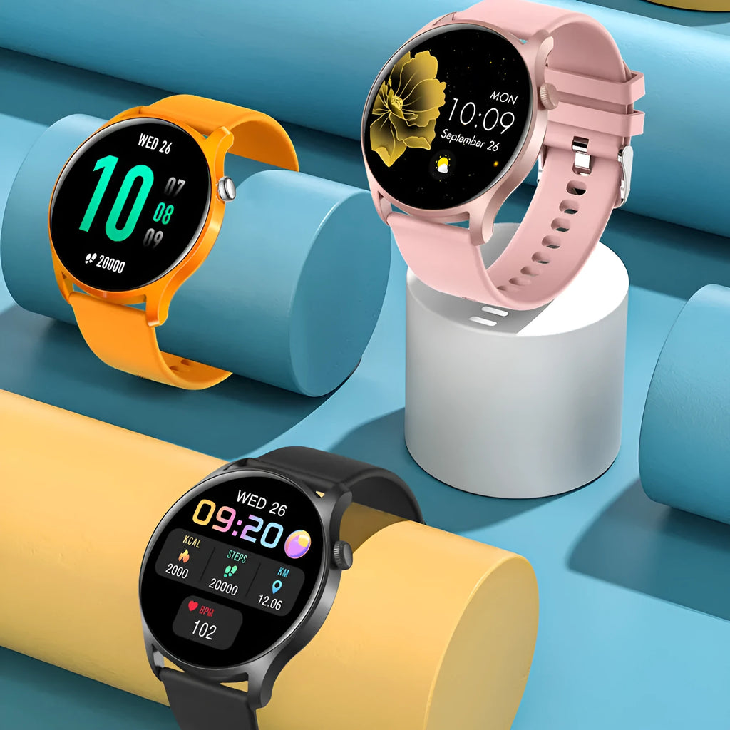 Bluetooth smart watch with heart rate monitoring on wrist showing 1.3-inch display