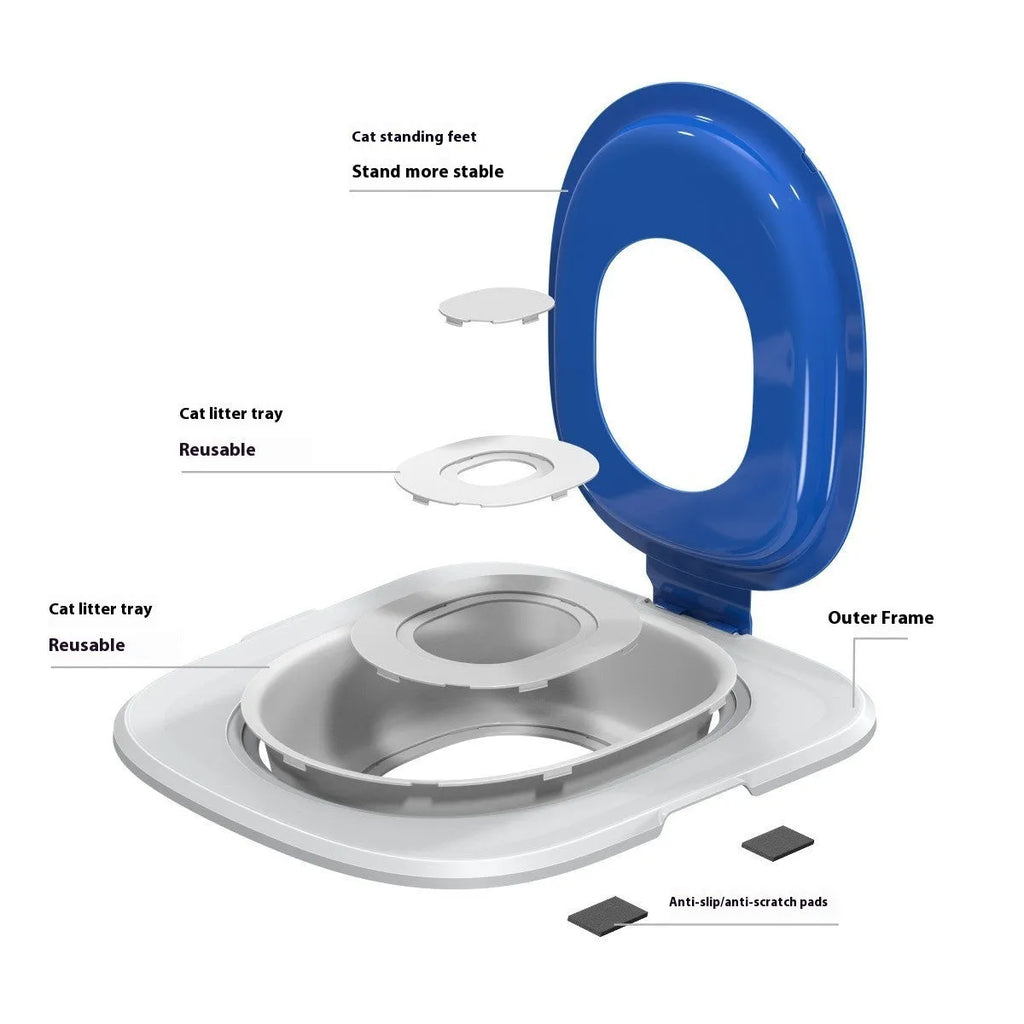 Fifth generation blue cat toilet trainer mat with contoured shape and raised waste guard rim.