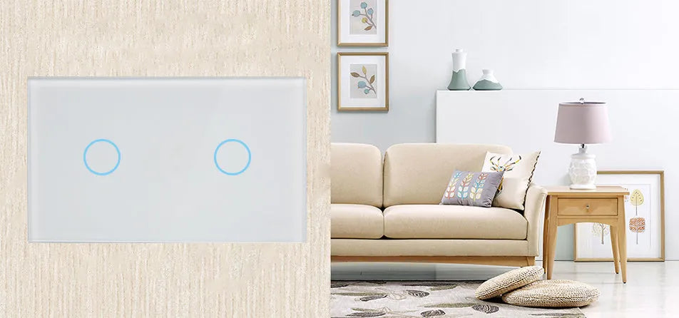 Two-gang remote control light switch with tempered glass touch panel in white, black, or gold colours
