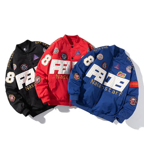 Black cotton-padded American motorcycle baseball jacket with a removable hood and side pockets.